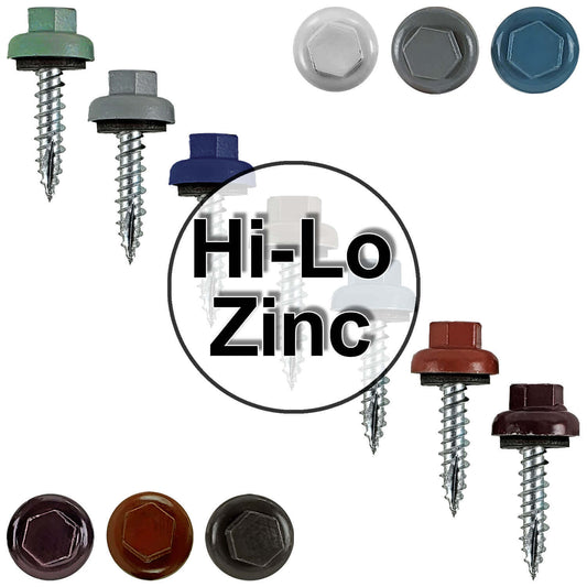 #10 X 1" HI-LO Zinc Aluminum Cap Metal Roofing Screws - Hex Washer Head - Self starting/self tapping - EPDM washer. Colored head.