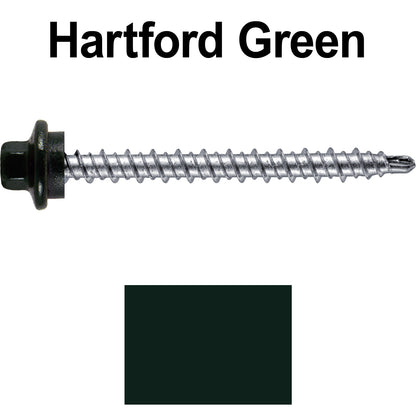 #10 x 2" Stainless Steel Mini Driller Sheet Metal Roofing Screw - Hex Washer Cap - Self starting metal to wood siding screws - EPDM washer. Colored head.