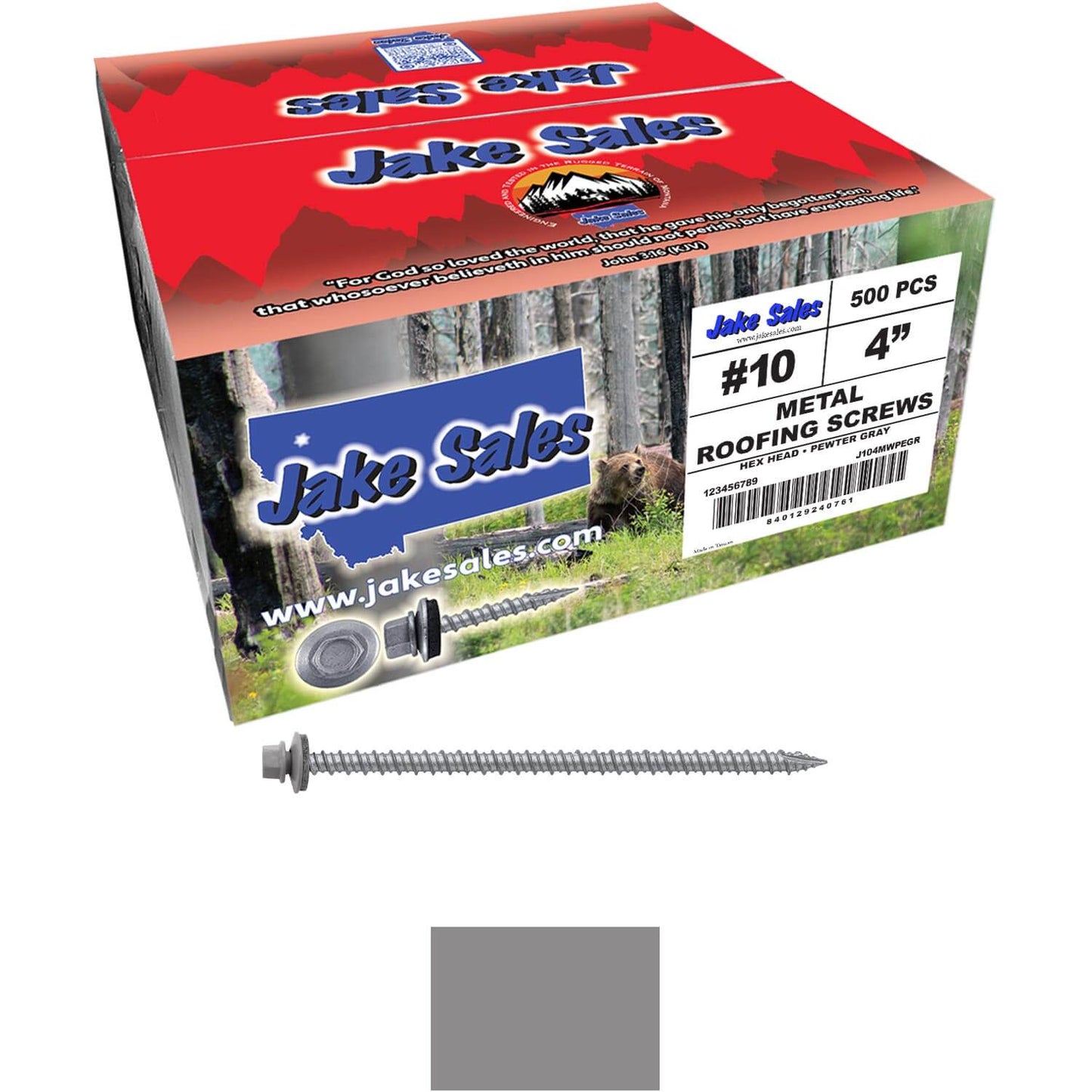 #10 x 4" Metal ROOFING SCREWS - Hex Washer Head - Self starting/self tapping - EPDM washer. Colored head.