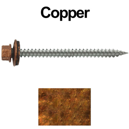 9 x 2-1/2" - Stainless Steel Metal Roofing Screws - Hex Washer Head -  Self starting metal to wood siding screws. EPDM washer. Colored head.