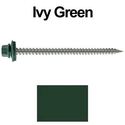 #9 x 3" Stainless Steel Metal Roofing Screws - Hex Washer Head - Self starting/self tapping - EPDM washer. Colored head.