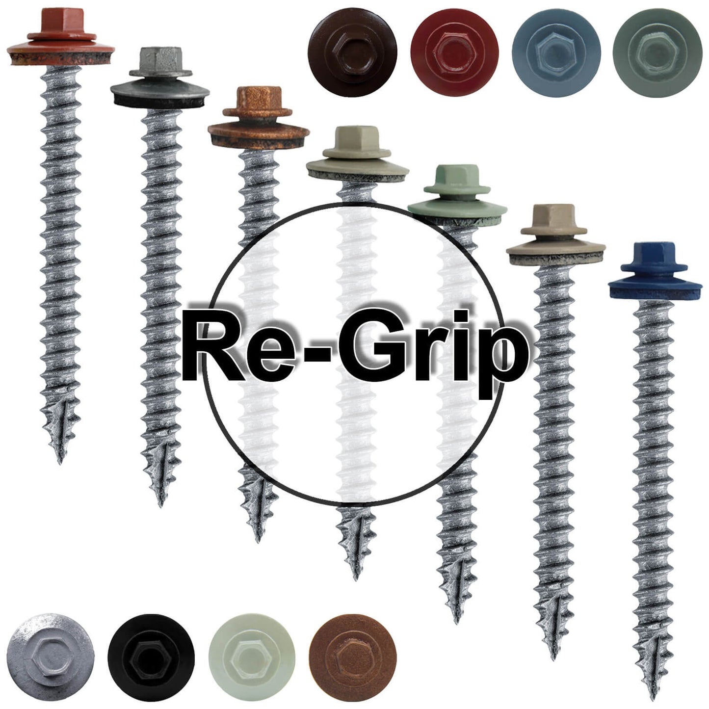 #12 x 2-1/2" RE-GRIP METAL ROOFING SCREWS - Hex Washer Head - Self starting/self tapping - EPDM washer. Colored head.