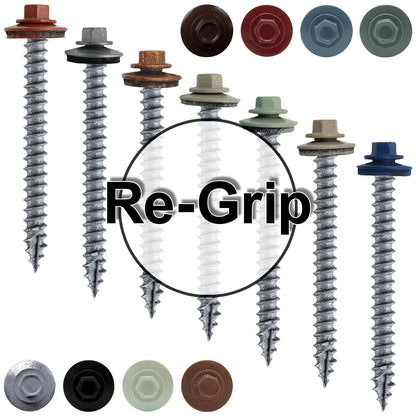 #12 x 2-1/2" RE-GRIP METAL ROOFING SCREWS - Hex Washer Head - Self starting/self tapping - EPDM washer. Colored head.