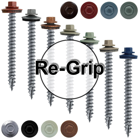 #12 x 2-1/2" RE-GRIP METAL ROOFING SCREWS - Hex Washer Head - Self starting/self tapping - EPDM washer. Colored head.