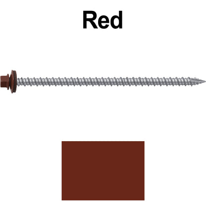 #10 x 4" Metal ROOFING SCREWS - Hex Washer Head - Self starting/self tapping - EPDM washer. Colored head.