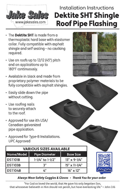 Dektite Pipe Flashing for Shingle Roof Applications. Thermoplastic Hard Base with Elastomer Collar.