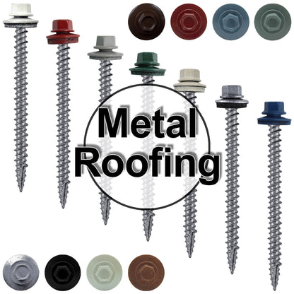 #10 x 2-1/2" Metal ROOFING SCREWS - Hex Washer Head - Self starting/self tapping - EPDM washer. Colored head.