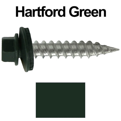 #9 x 1" Stainless Steel Metal Roofing Screws - Hex Washer Head - Self-Piercing (SP) tip metal to wood siding screws. EPDM washer. Colored head.