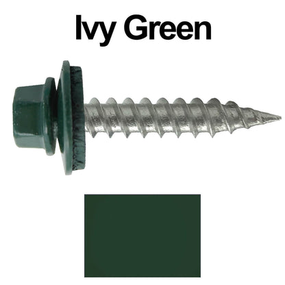 #9 x 1" Stainless Steel Metal Roofing Screws - Hex Washer Head - Self-Piercing (SP) tip metal to wood siding screws. EPDM washer. Colored head.