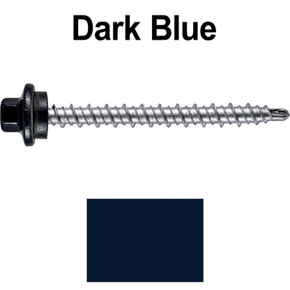 #10 x 2" Stainless Steel Mini Driller Sheet Metal Roofing Screw - Hex Washer Cap - Self starting metal to wood siding screws - EPDM washer. Colored head.