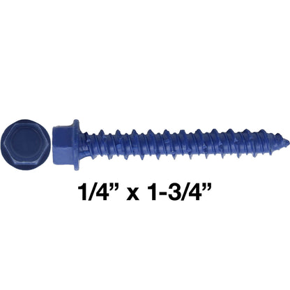 Blue Carbon Steel Hex Head Concrete Anchor Screws. Carbon Steel Hardened - Interior & Exterior Coated Rust and Corrosion Resistant Screws