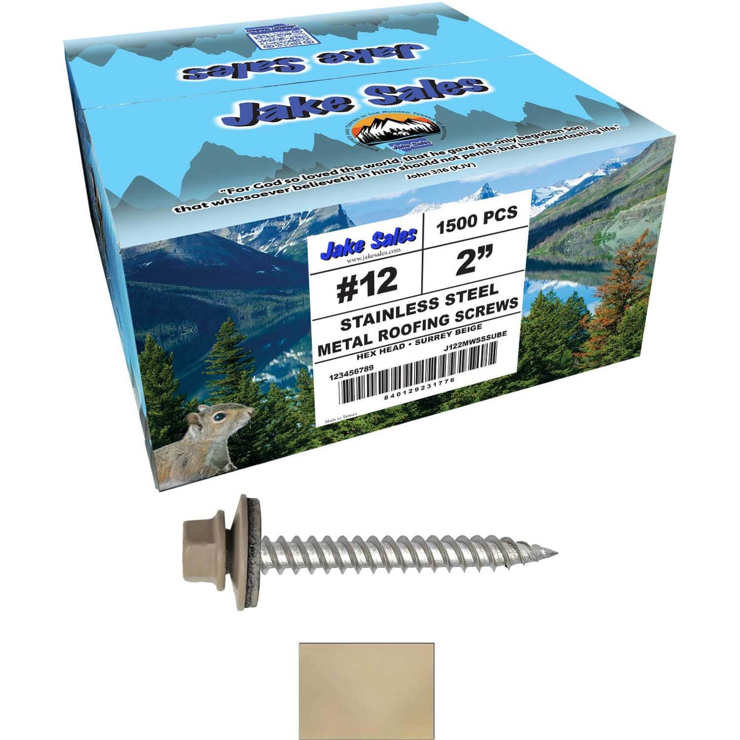 12 x 2"  Stainless Steel Metal Roofing Screw - Hex ReGrip Washer Head - Self starting/self tapping - EPDM washer. Colored head.