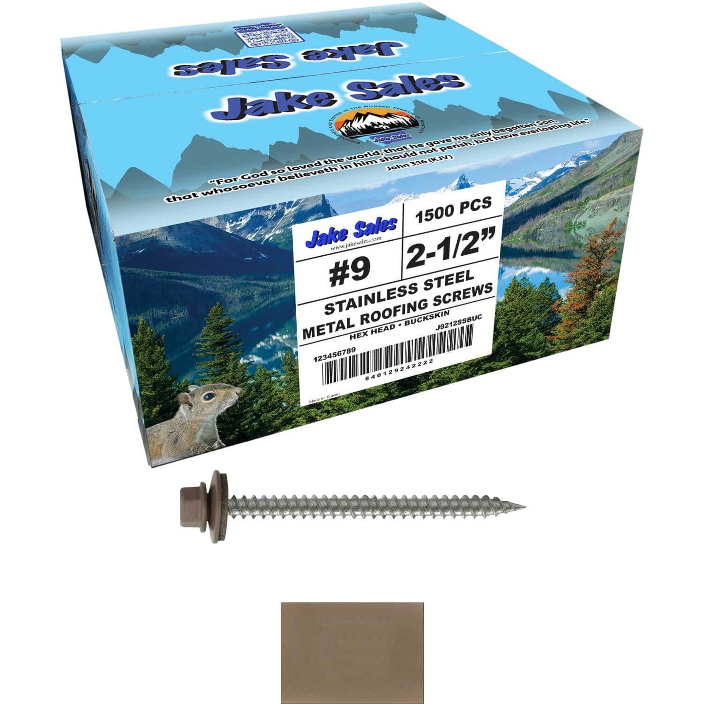 9 x 2-1/2" - Stainless Steel Metal Roofing Screws - Hex Washer Head -  Self starting metal to wood siding screws. EPDM washer. Colored head.