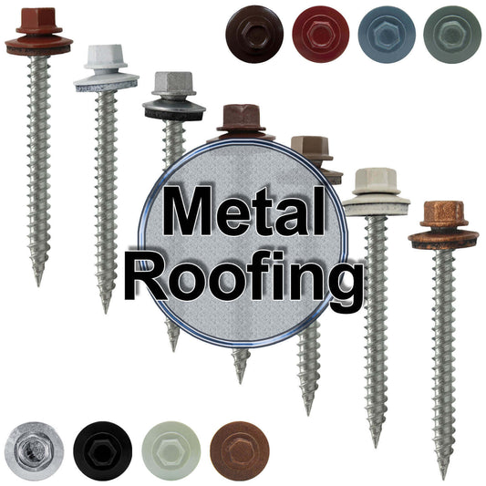 #9 x 2" Stainless Steel Metal Roofing Screws - Hex Washer Head - Self-Piercing (SP) tip metal to wood. EPDM washer. Colored head.