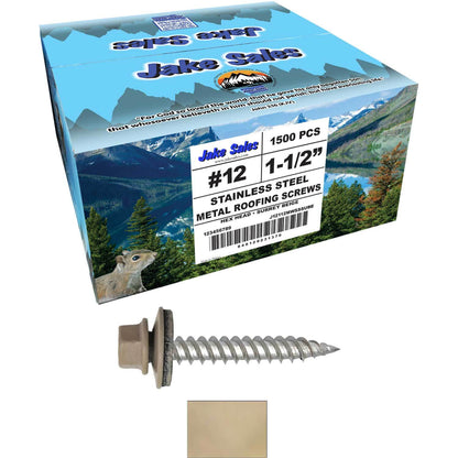 12 x 1-1/2" Stainless Steel Metal Roofing Screw - Hex Washer Head - Self starting/self tapping - EPDM washer. Colored head.