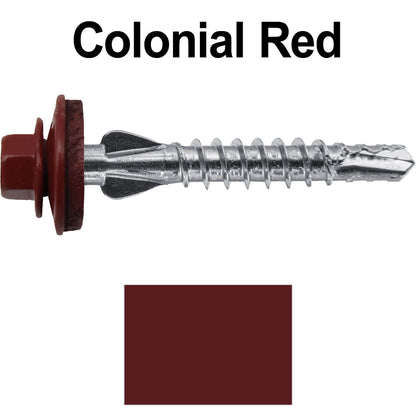 12 X 1-1/2" PFP STAINLESS STEEL Fastener - 1/4" Washer Hex Head - #3 Drill Point Tip -  For Polycarbonite, Fiberglass and PVC sheeting. Colored head.