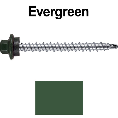 #10 x 2" Stainless Steel Mini Driller Sheet Metal Roofing Screw - Hex Washer Cap - Self starting metal to wood siding screws - EPDM washer. Colored head.