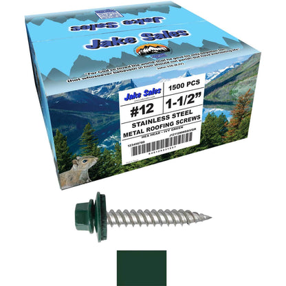 12 x 1-1/2" Stainless Steel Metal Roofing Screw - Hex Washer Head - Self starting/self tapping - EPDM washer. Colored head.