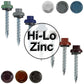 10 X 1-1/2" HI-LO Zinc Aluminum Cap Metal Roofing Screws - Hex Washer Head - Self starting/self tapping - EPDM washer. Colored head.