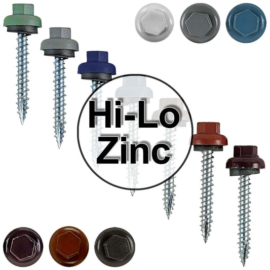 10 X 1-1/2" HI-LO Zinc Aluminum Cap Metal Roofing Screws - Hex Washer Head - Self starting/self tapping - EPDM washer. Colored head.