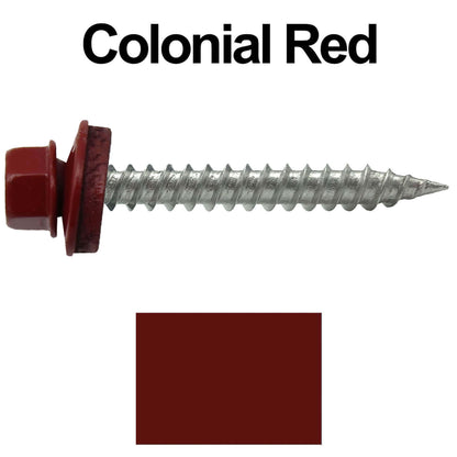 #9 x 1-1/2" Stainless Steel Metal Roofing Screws - Hex Washer Head - Self-Piercing (SP) tip metal to wood siding screws. EPDM washer. Colored head.