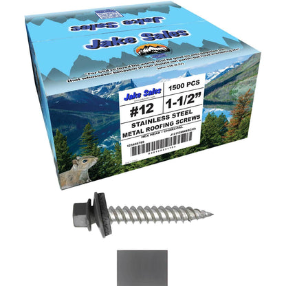 12 x 1-1/2" Stainless Steel Metal Roofing Screw - Hex Washer Head - Self starting/self tapping - EPDM washer. Colored head.