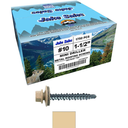 #10 x 1-1/2" Mini Driller Sheet Metal Roofing Screw - Hex Washer Head -  Self starting metal to wood siding screws. EPDM washer. Colored head.