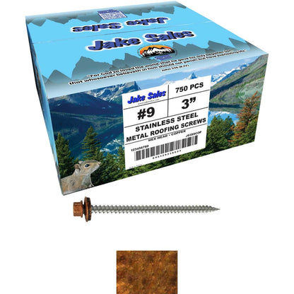 #9 x 3" Stainless Steel Metal Roofing Screws - Hex Washer Head - Self starting/self tapping - EPDM washer. Colored head.