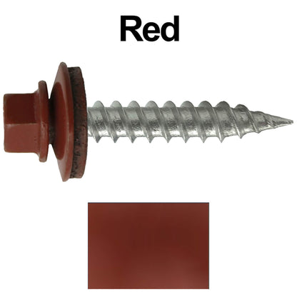 #9 x 1" Stainless Steel Metal Roofing Screws - Hex Washer Head - Self-Piercing (SP) tip metal to wood siding screws. EPDM washer. Colored head.