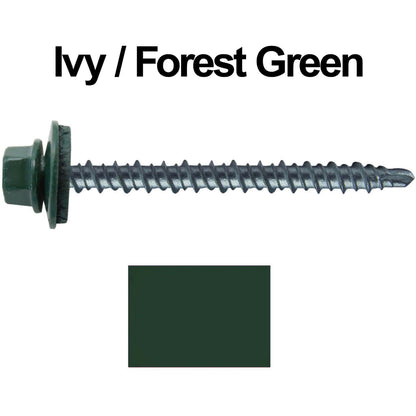 #10 x 2-1/2" Mini Driller Sheet Metal Roofing Screw - Hex Washer Head -  Self starting metal to wood siding screws. EPDM washer. Colored head.