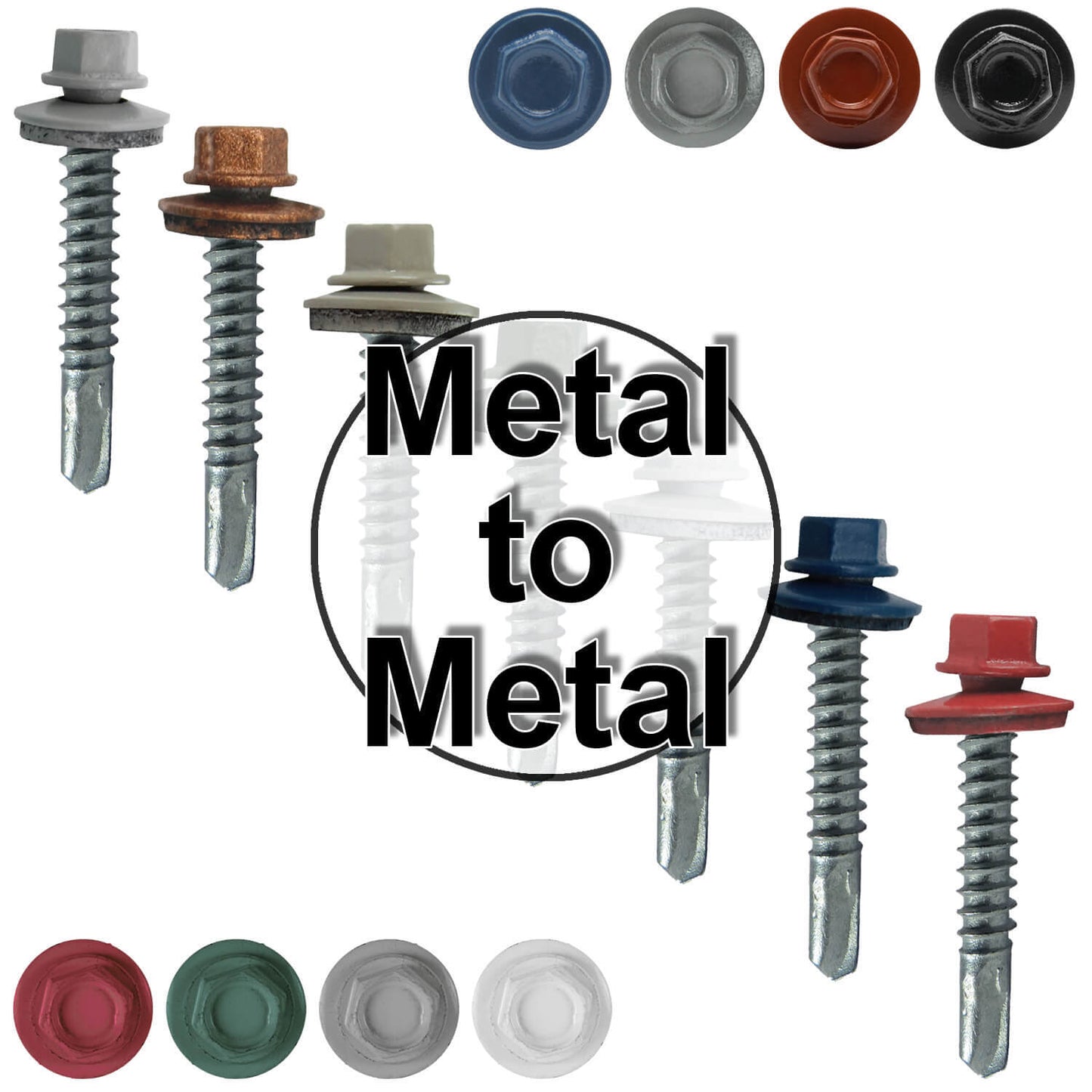#12x1-1/2" Metal to Metal Type #3 Metal Roofing Screws- Hex Head Drill Point - 9/16" EPDM Washer. Colored head.