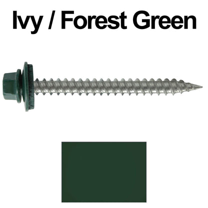 #9 x 2" Stainless Steel Metal Roofing Screws - Hex Washer Head - Self-Piercing (SP) tip metal to wood. EPDM washer. Colored head.