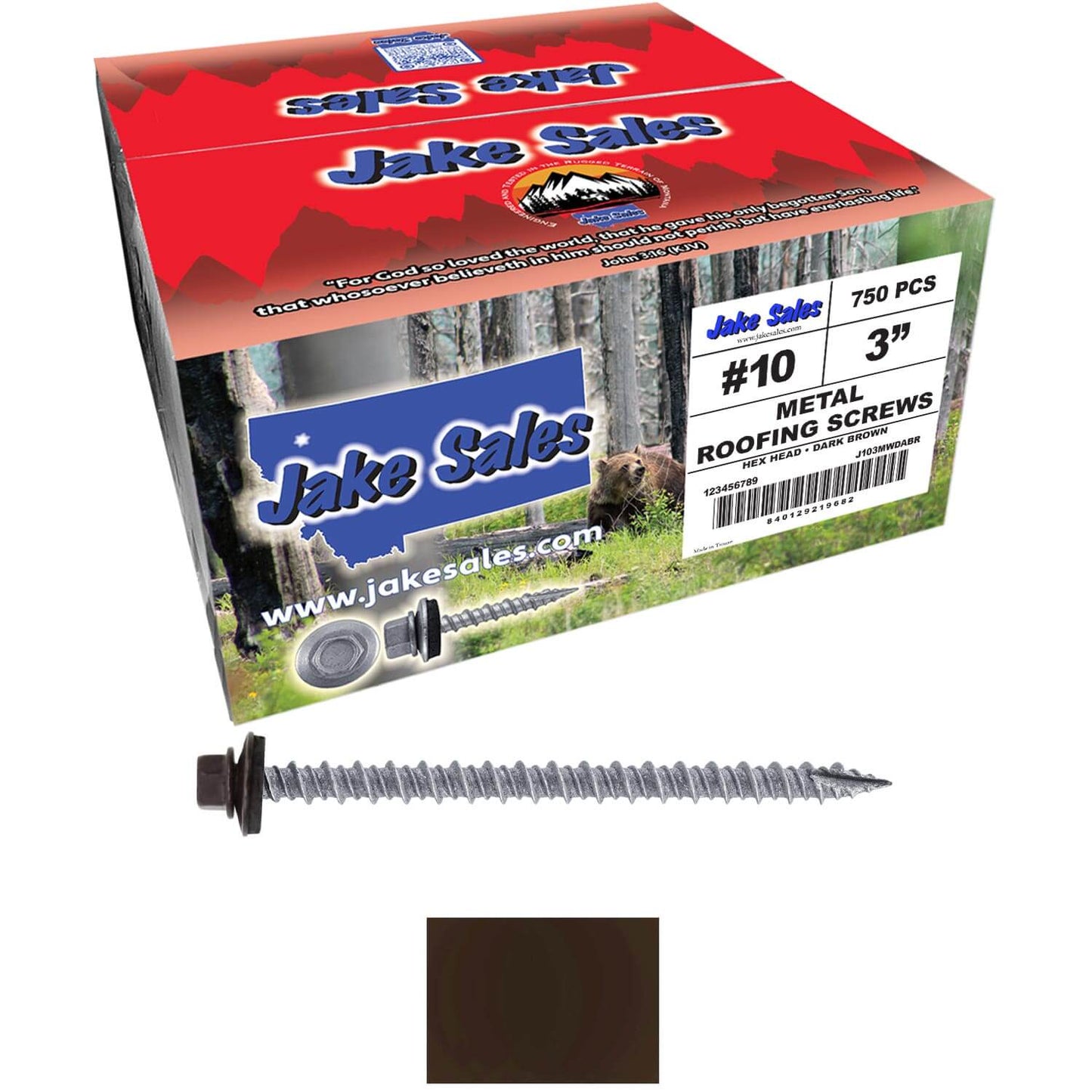 #10 x 3" Metal ROOFING SCREWS - Hex Washer Head - Self starting/self tapping - EPDM washer. Colored head.