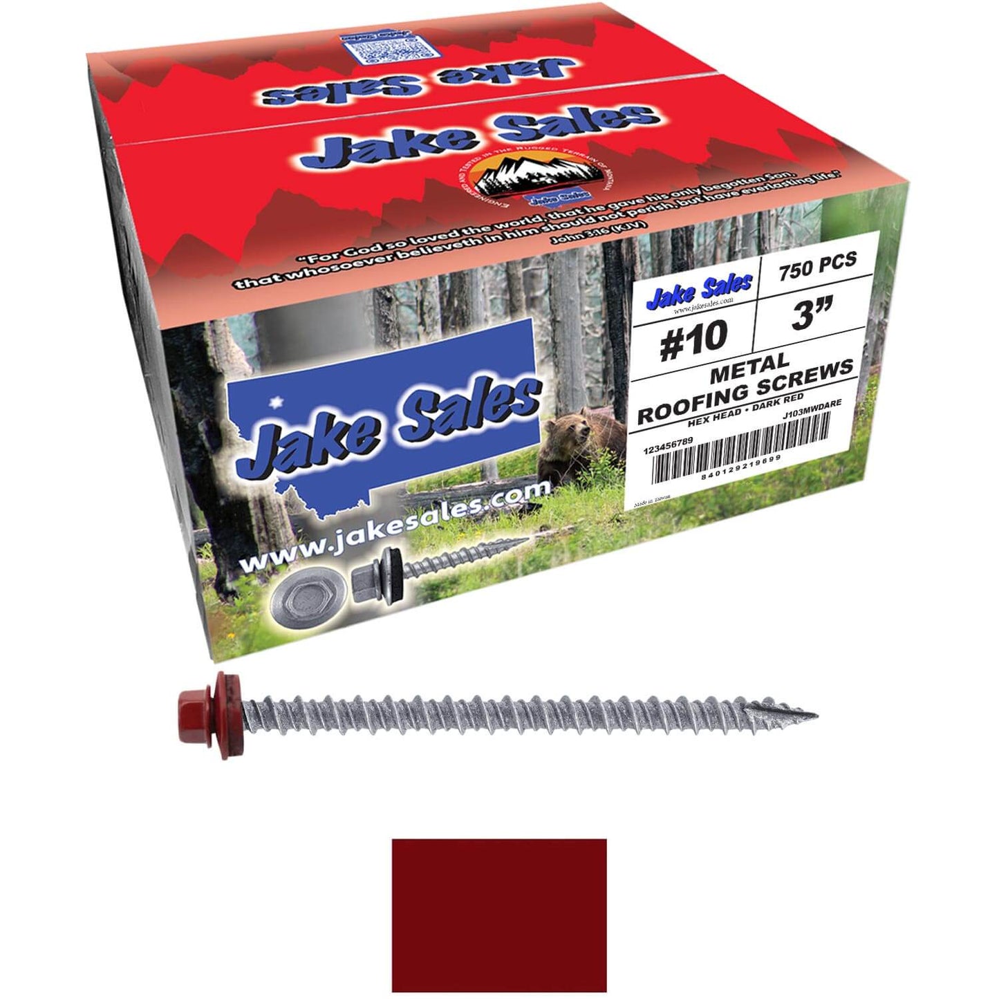 #10 x 3" Metal ROOFING SCREWS - Hex Washer Head - Self starting/self tapping - EPDM washer. Colored head.