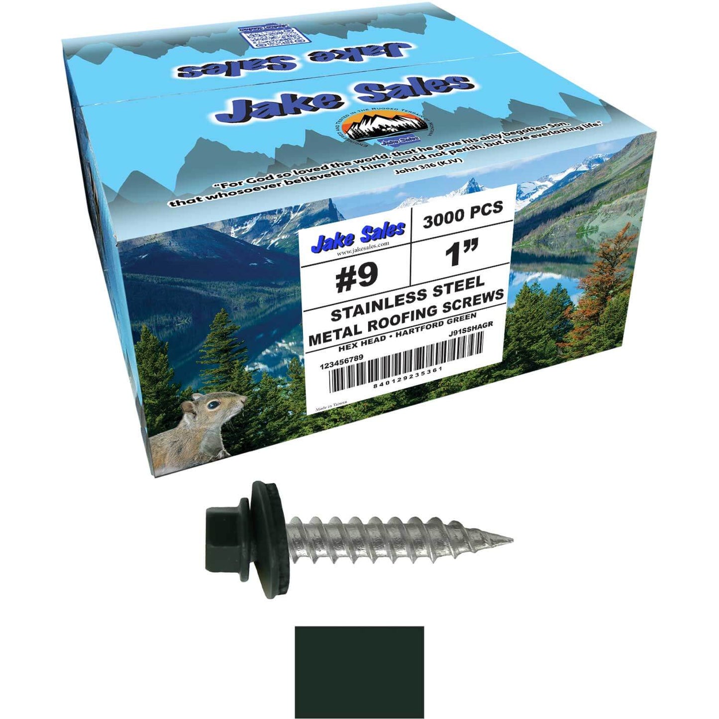 #9 x 1" Stainless Steel Metal Roofing Screws - Hex Washer Head - Self-Piercing (SP) tip metal to wood siding screws. EPDM washer. Colored head.