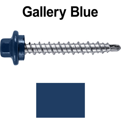 #10 x 1-1/2" Stainless Steel Mini Driller Sheet Metal Roofing Screw - Hex Washer Cap - Self starting metal to wood siding screws - EPDM washer. Colored head.