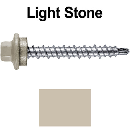#10 x 1-1/2" Stainless Steel Mini Driller Sheet Metal Roofing Screw - Hex Washer Cap - Self starting metal to wood siding screws - EPDM washer. Colored head.