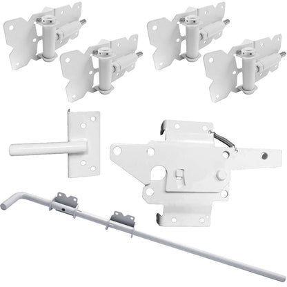 Vinyl Gate Kits in Standard and Self-Closing for Single and Double Gates. Choose from Black or White With or Without Drop Rods. Standard and Extended Gate Latches