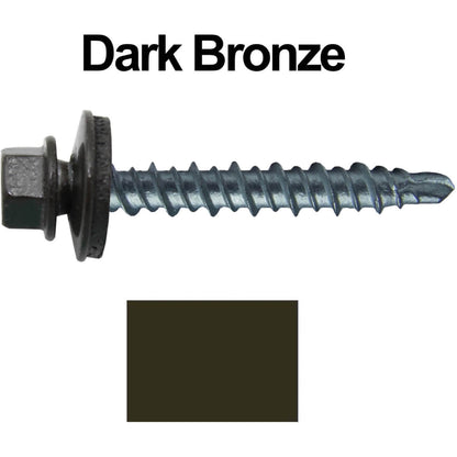 #10 x 1-1/2" Mini Driller Sheet Metal Roofing Screw - Hex Washer Head -  Self starting metal to wood siding screws. EPDM washer. Colored head.