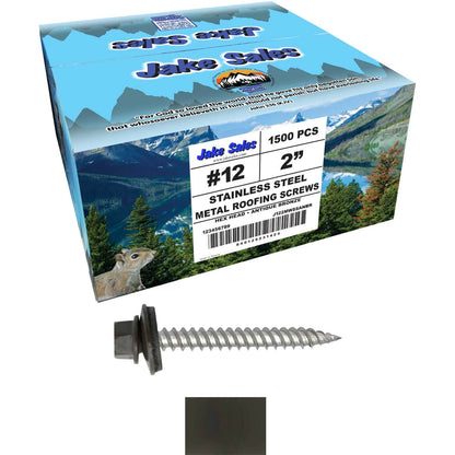12 x 2"  Stainless Steel Metal Roofing Screw - Hex ReGrip Washer Head - Self starting/self tapping - EPDM washer. Colored head.