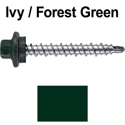 #10 x 1-1/2" Stainless Steel Mini Driller Sheet Metal Roofing Screw - Hex Washer Cap - Self starting metal to wood siding screws - EPDM washer. Colored head.
