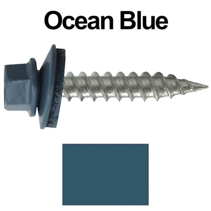 #9 x 1" Stainless Steel Metal Roofing Screws - Hex Washer Head - Self-Piercing (SP) tip metal to wood siding screws. EPDM washer. Colored head.