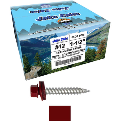 12 x 1-1/2" Stainless Steel Metal Roofing Screw - Hex Washer Head - Self starting/self tapping - EPDM washer. Colored head.