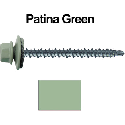 #10 x 2-1/2" Mini Driller Sheet Metal Roofing Screw - Hex Washer Head -  Self starting metal to wood siding screws. EPDM washer. Colored head.