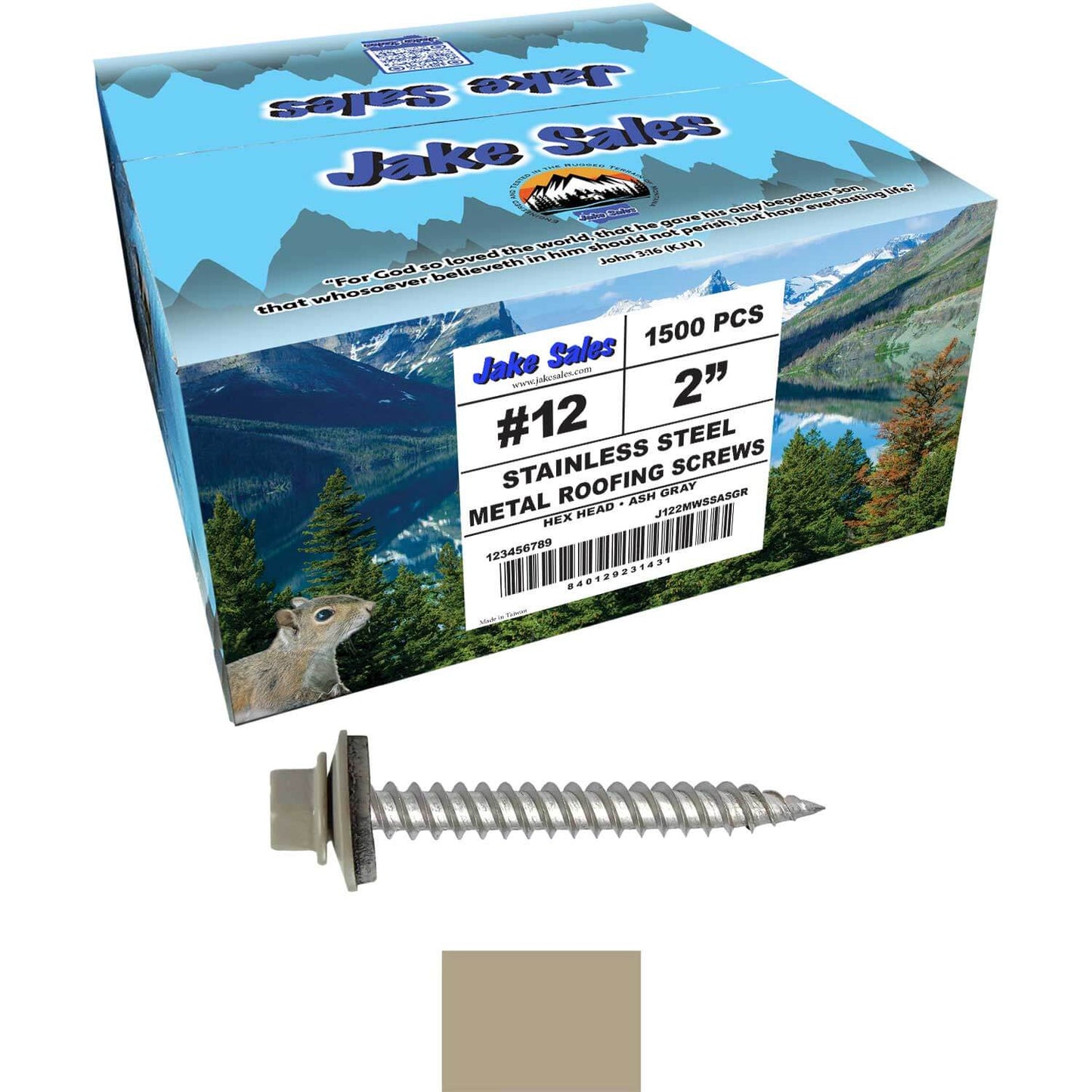 12 x 2"  Stainless Steel Metal Roofing Screw - Hex ReGrip Washer Head - Self starting/self tapping - EPDM washer. Colored head.
