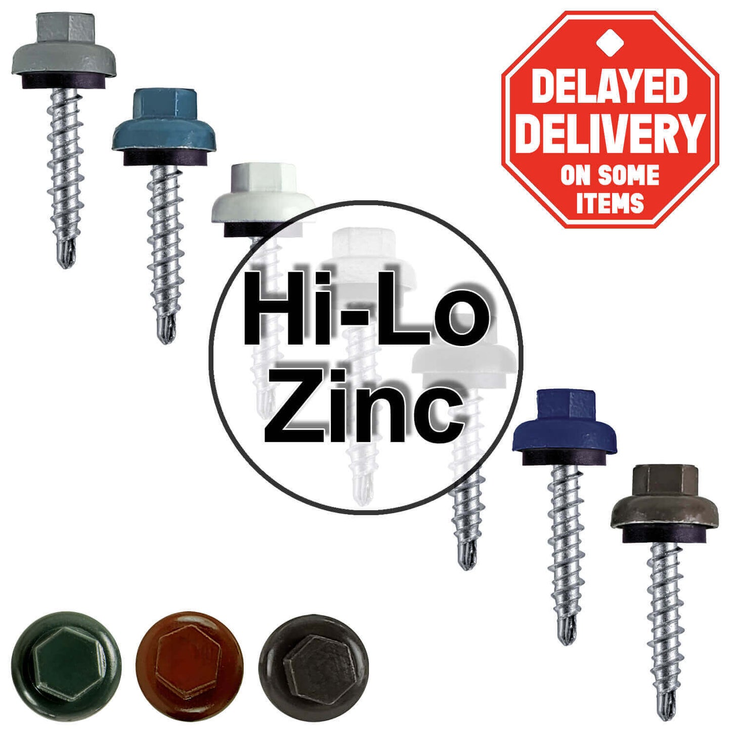 10 X 1" Zinc Aluminum Cap MINI-DRILLER Roofing Screws HI-LO THREAD Zinc Plated Carbon Steel Shank - EPDM Washer - Colored head