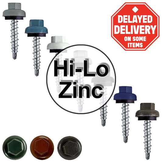 10 X 1" Zinc Aluminum Cap MINI-DRILLER Roofing Screws HI-LO THREAD Zinc Plated Carbon Steel Shank - EPDM Washer - Colored head