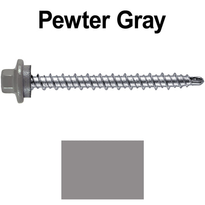 #10 x 2" Stainless Steel Mini Driller Sheet Metal Roofing Screw - Hex Washer Cap - Self starting metal to wood siding screws - EPDM washer. Colored head.