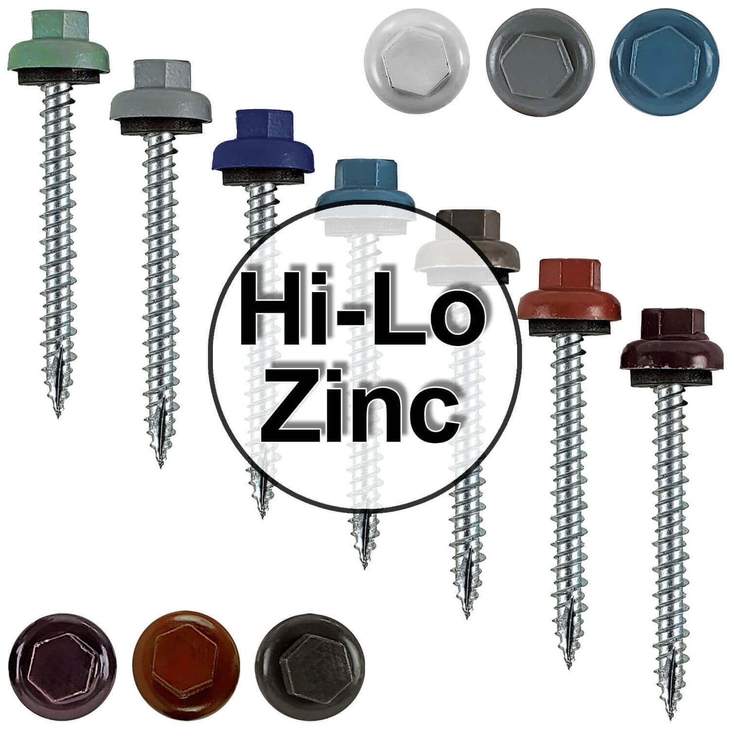 10 X 2“ HI-LO Zinc Aluminum Cap Metal Roofing Screws - Hex Washer Head - Self starting/self tapping - EPDM washer. Colored head.