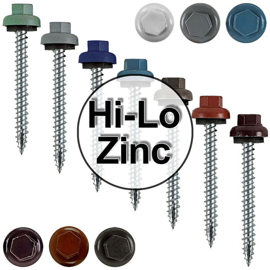 10 X 2“ HI-LO Zinc Aluminum Cap Metal Roofing Screws - Hex Washer Head - Self starting/self tapping - EPDM washer. Colored head.